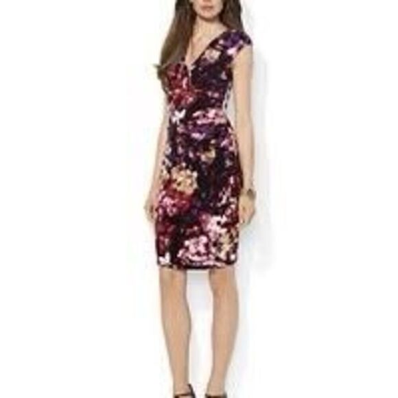 Lauren Ralph Lauren V Neck Empire Waist Floral Sheath Dress Career, Wedding Gues - Picture 1 of 16
